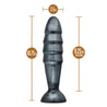 An extra large black anal plug with a carbon metallic sheen. This longer plug features four ridges that flare out and back in significantly for an extreme sensation. Circular flared base for safety. Additional images show alternate angles.