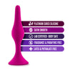 Small pink smooth silicone anal plug. Featuring a gently tapered tip, slight bulbous shape in the slim body, a narrower neck, and a circular flared base for safety.  Additional images show alternate angles.