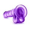 Translucent purple dildo with a large bulbous realistic head and pronounced veins along the straight but flexible shaft. Suction cup base. Additional images show alternate angles.