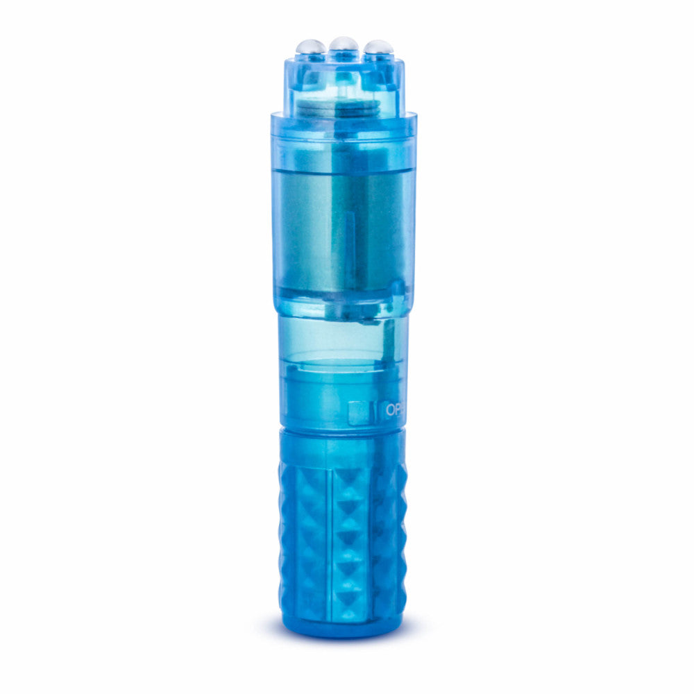 Translucent blue mini massager, cylinder shape with three rounded beads on top for focused vibration. Subtle diamond cut on bottom. Twist to open, turn on and turn off. Additional images show alternate angles.