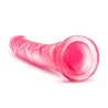 Translucent pink dildo with a slim tapered realistic head for easy insertion and subtle veins along the slightly upwardly curved shaft. Suction cup base. Additional images show alternate angles.