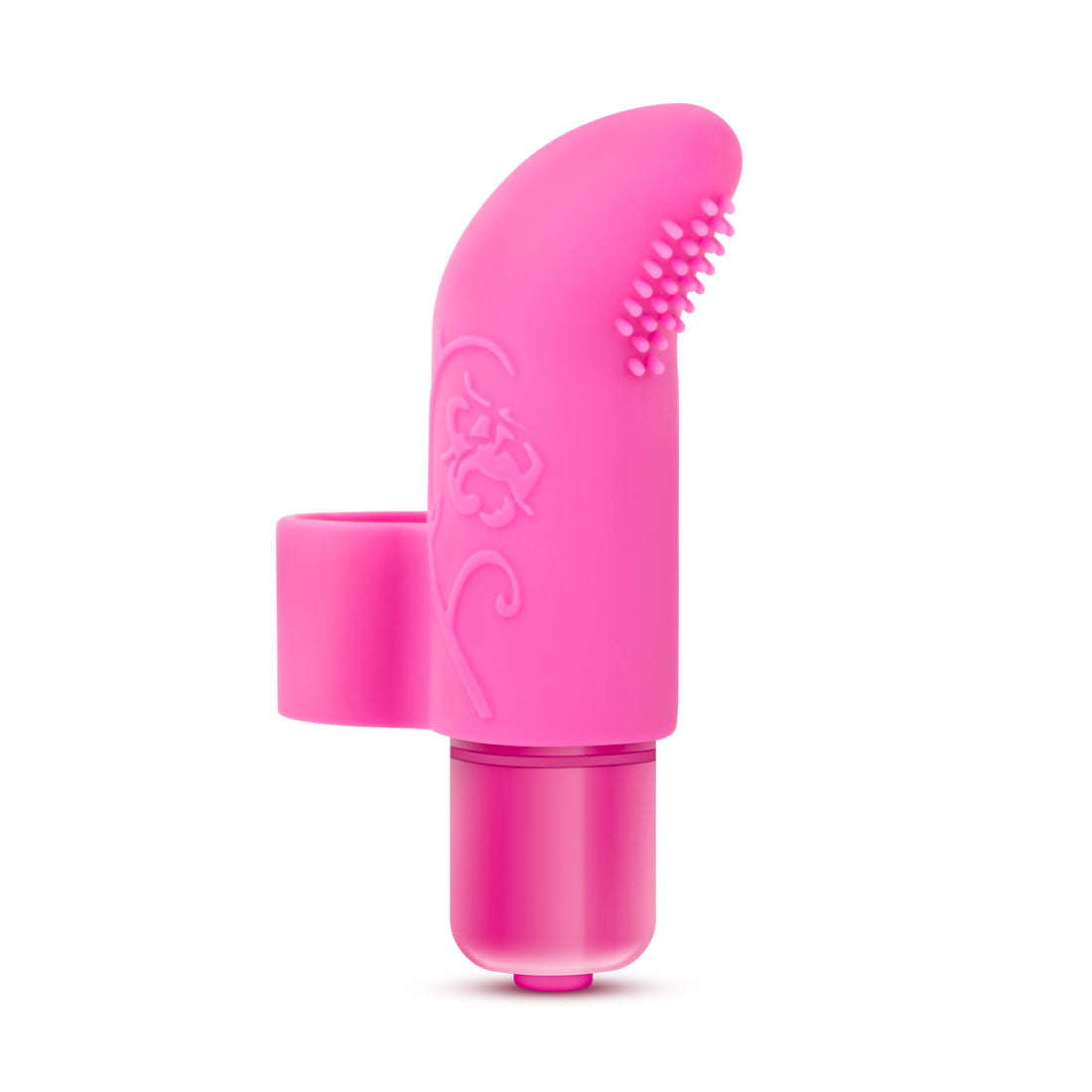 Pink vibrator with silicone sleeve that has a curved tip and a ring on the back to secure it to a finger. Subtle floral pattern and small nubs on curved end for added stimulation. Button on bottom to adjust intensity. Additional images show alternate angles.