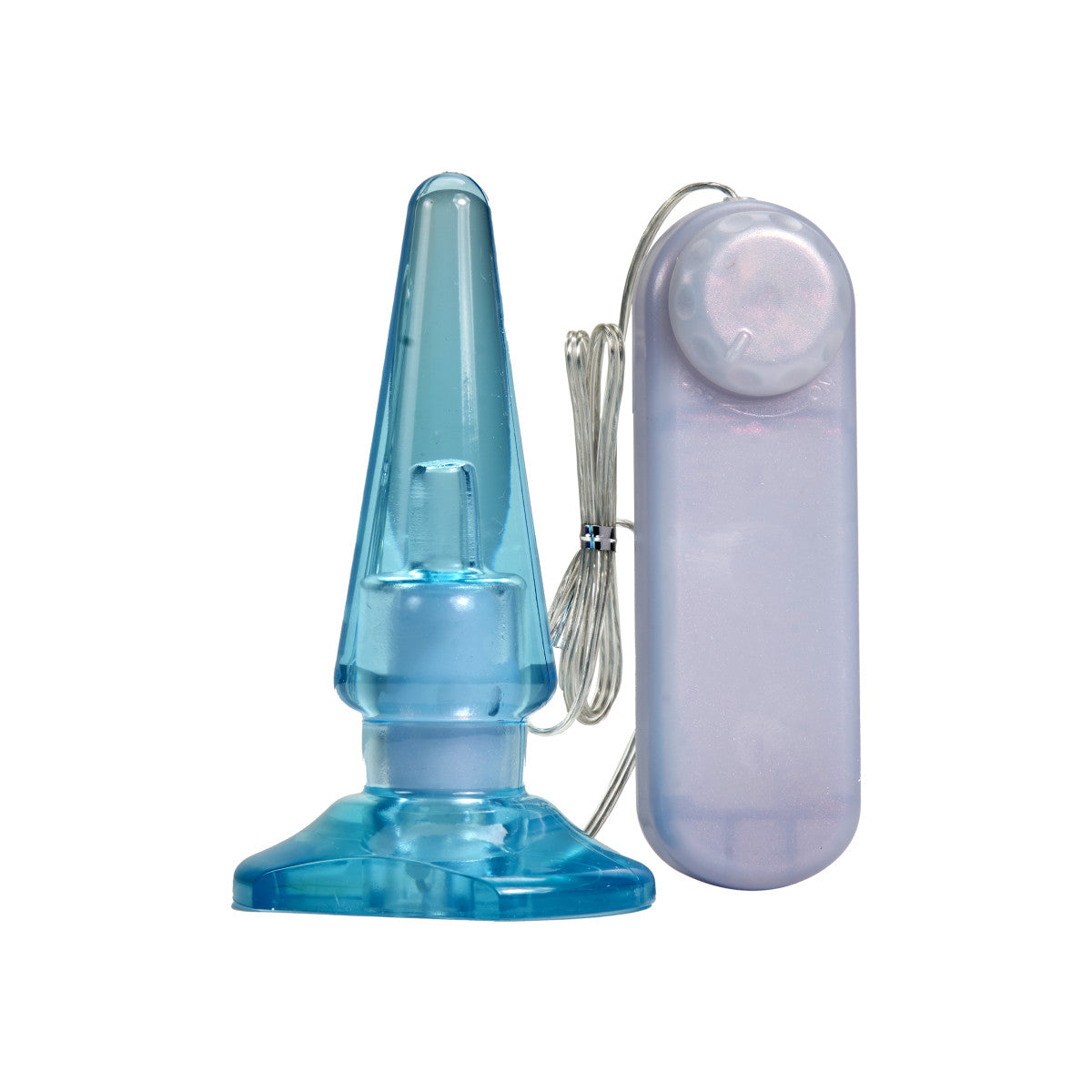 Blue translucent classic shaped butt plug with a tapered tip, slimmer neck and flared base. Features an opening at the bottom that fits the included wired egg shaped bullet. Twist dial on controller adjusts intensity. Additional images show alternate angles.