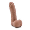 Mocha skin tone realistic dildo. Featuring a very subtle tapered head for easy insertion. Veins and skin folds along the straight shaft. Round realistic balls. Smooth flat base. Additional images show alternate angles.