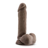 Chocolate skin tone ultra realistic dildo with a realistic head, subtle veins along the straight but flexible shaft and small balls. Suction cup base. Additional images show alternate angles.