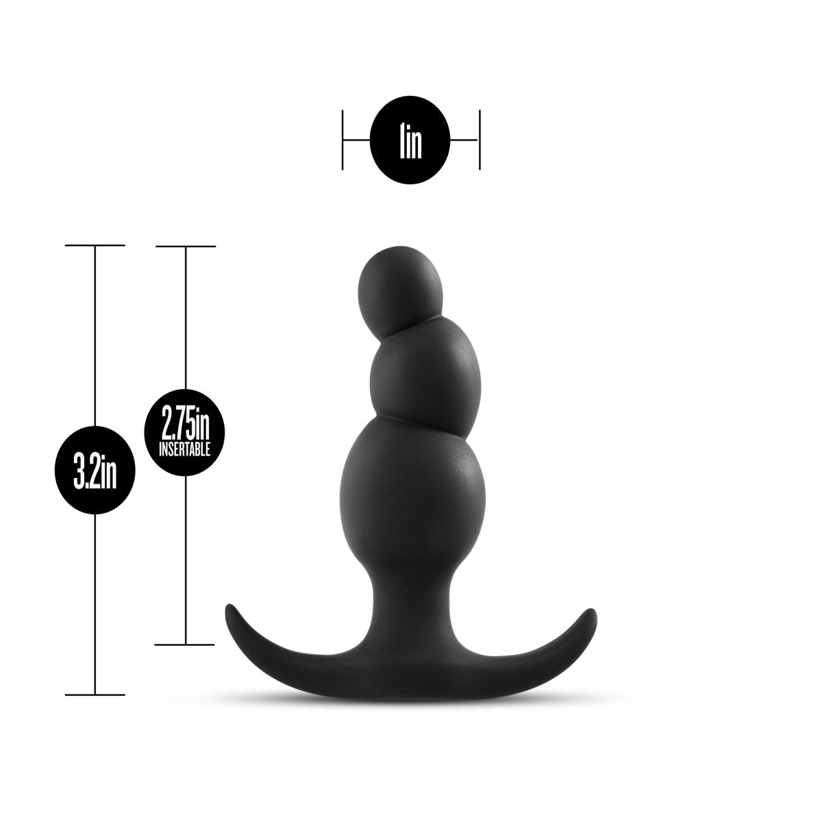 Black plug with flared anchor base and narrow neck. Plug features a slight curve with 3 beads of gradual size from small at the tip to larger near the base. There is almost no separation between each bead. Additional images show alternate angles and highlight features as listed in description and/or bullet points.