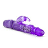 Slightly textured shaft with a semi-phallic head and rotating beads and a rabbit shaped clit stimulator. Independently adjust intensity of rotation or external vibration with two slide controls. Additional images show alternate angles.
