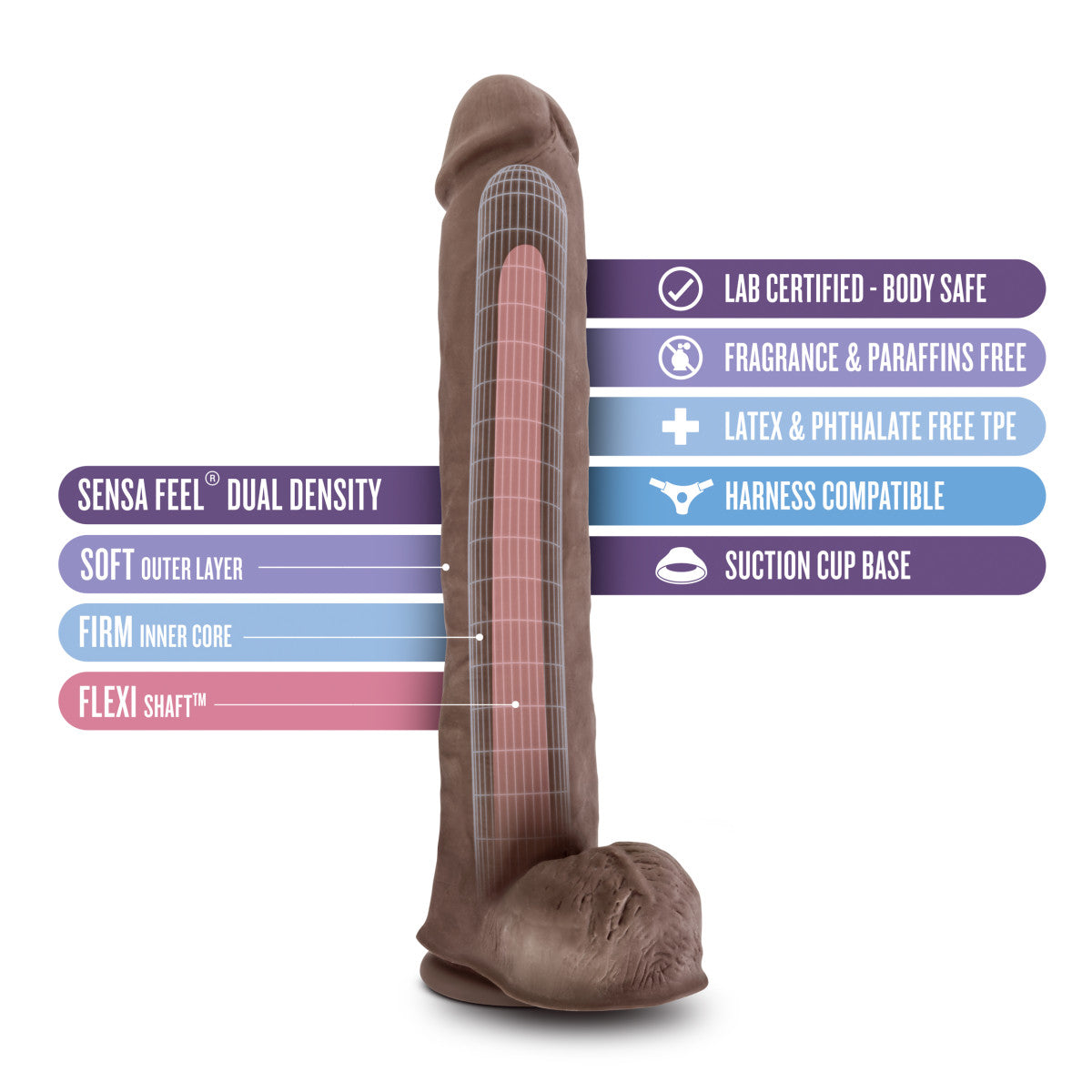 Chocolate skin tone realistic dildo. Featuring a rounded head, veins along the straight but flexible shaft, and realistic balls. Suction cup base. Additional images show alternate angles.