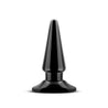 Black plug with flared base and tapered shape. Flared base has a hole to insert vibrating bullet (not included). Additional images show alternate angles and highlight features as listed in description and/or bullet points.