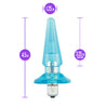 Blue translucent classic shaped butt plug with a tapered tip, slimmer neck and flared base. Features an opening at the bottom that fits the included small plastic removable bullet. Additional images show alternate angles.