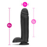 Black realistic extra large dildo with a rounded head, veins along a straight but flexible shaft, realistic balls, and a suction cup base. Additional images show alternate angles.