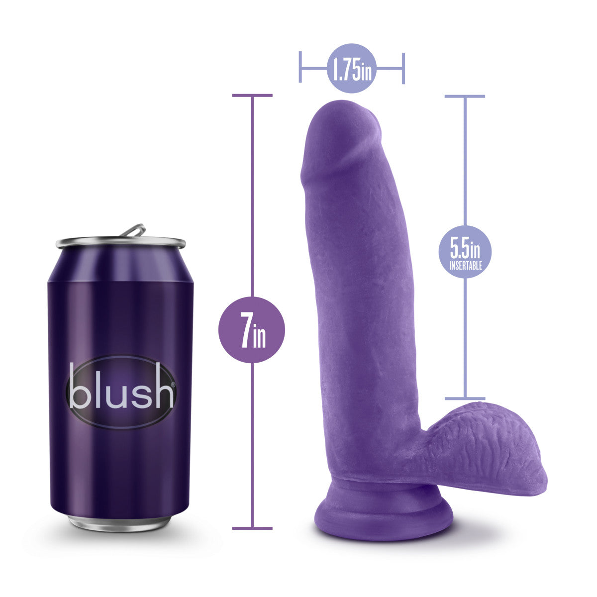 Purple realistic dildo with a small rounded head, veins along a straight but flexible shaft, realistic balls, and a suction cup base. Additional images show alternate angles.