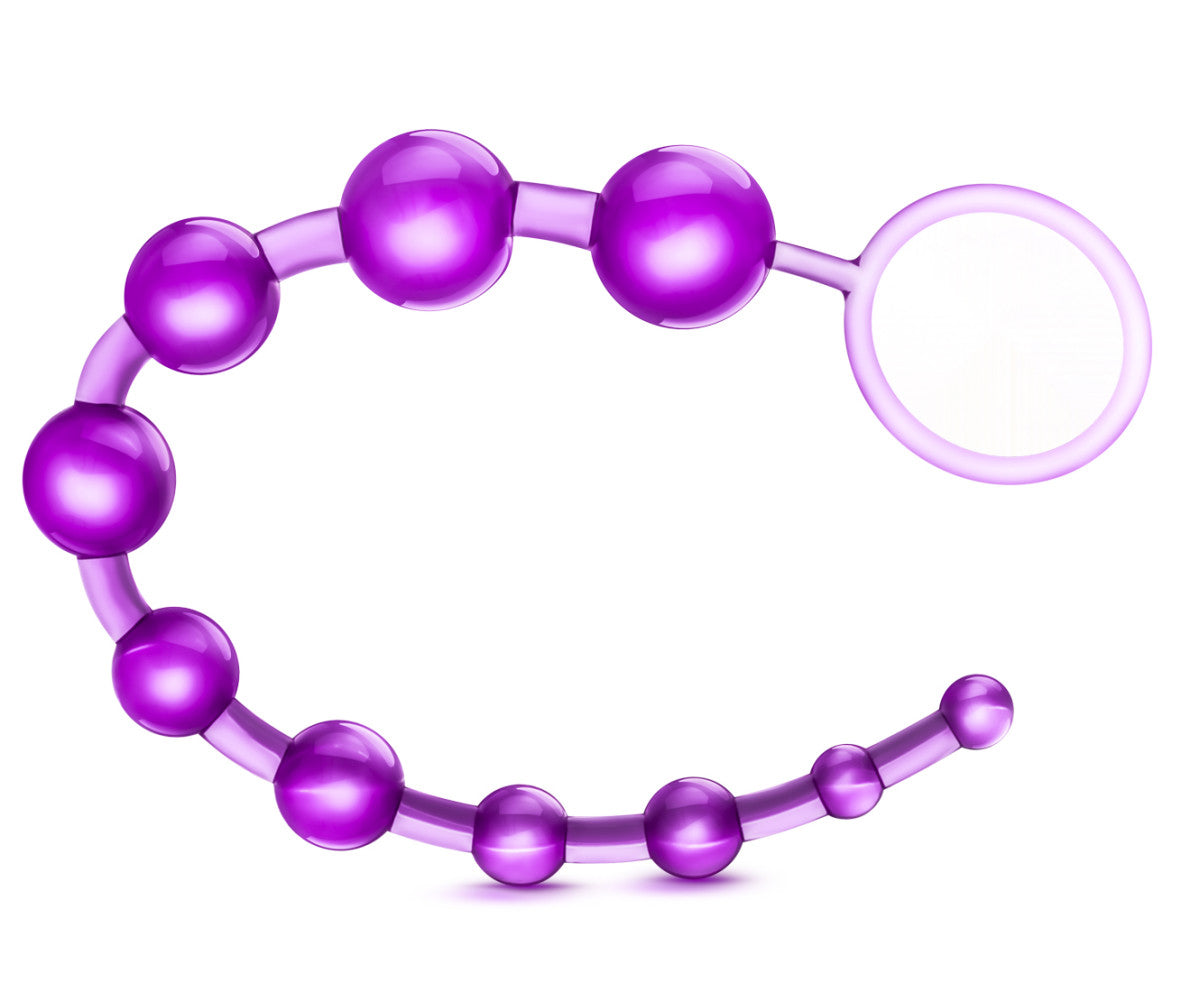 Purple anal beads with 10 progressively sized beads. Space between the beads is thin and flexible. Features a loop at the base for easy and safe removable. Additional images show alternate angles.