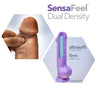 Mocha skin tone realistic dildo. Featuring a rounded head, veins along a straight but flexible shaft, and realistic balls. Suction cup base. Additional images show alternate angles.