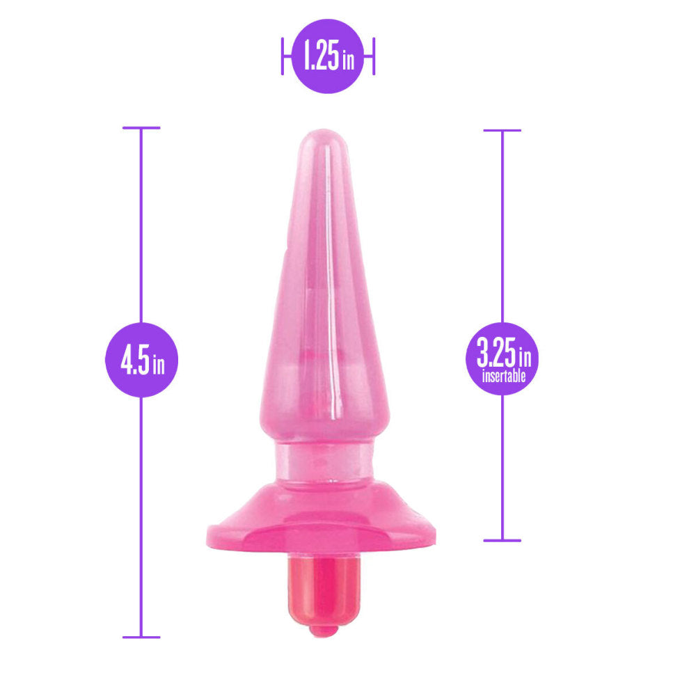 Pink translucent classic shaped butt plug with a tapered tip, slimmer neck and flared base. Features an opening at the bottom that fits the included small plastic removable bullet. Additional images show alternate angles.