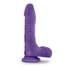 Purple realistic dildo featuring a slightly tapered head, veins along a straight but flexible shaft, and realistic balls. Suction cup base. Additional images show alternate angles.