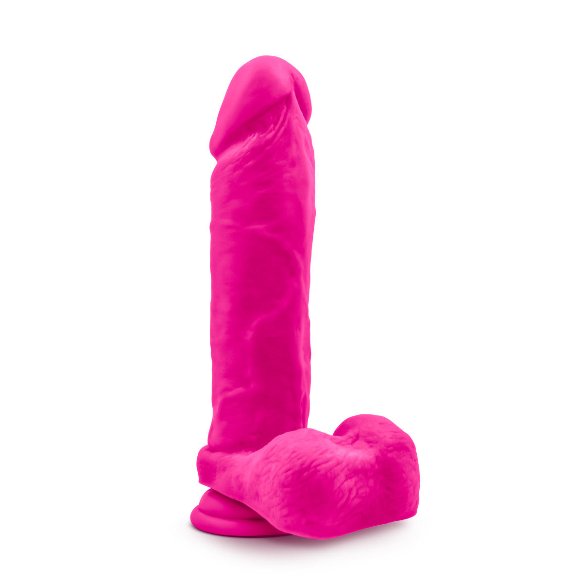 Pink realistic extra large dildo with a rounded head, veins along a straight but flexible shaft, realistic balls, and a suction cup base. Additional images show alternate angles.