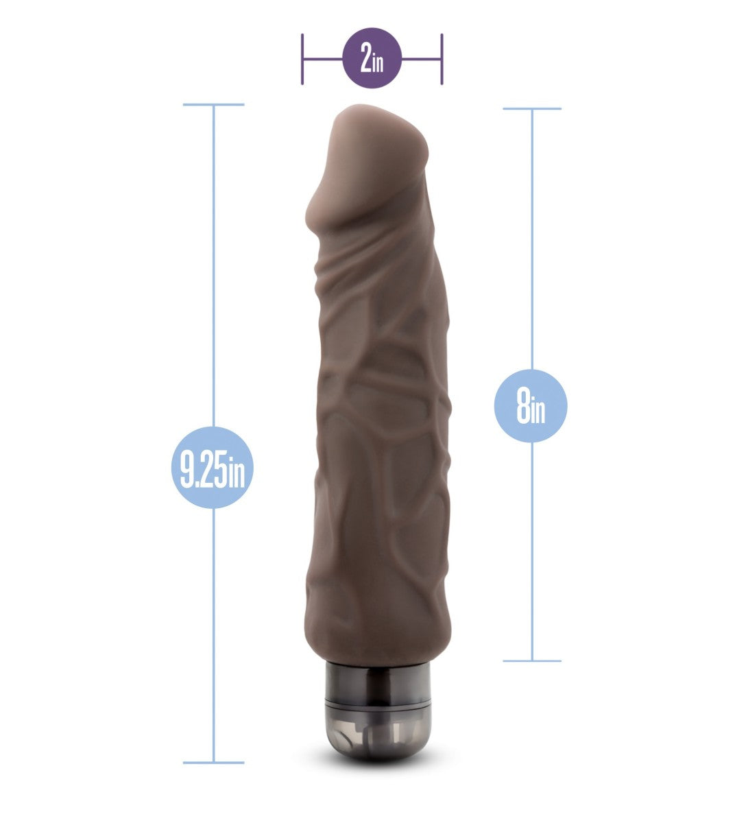 Ultra realistic, chocolate skin tone vibrating. With a defined head and subtle veins along the shaft. Long shaft with a very slight curve. Twist dial on bottom to adjust intensity.  Additional images show alternate angles.