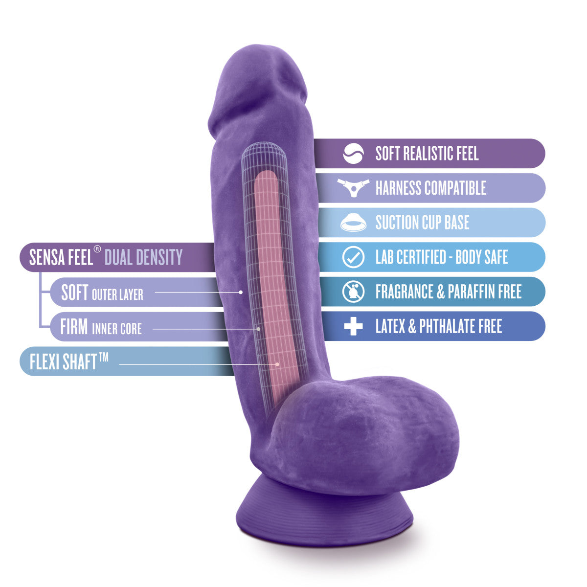 Purple realistic dildo featuring a rounded head, veins along a slightly downwardly curved shaft, and realistic balls. Suction cup base. Additional images show alternate angles.