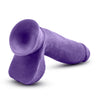 Purple realistic dildo with a small rounded head, veins along a straight but flexible shaft, realistic balls, and a suction cup base. Additional images show alternate angles.
