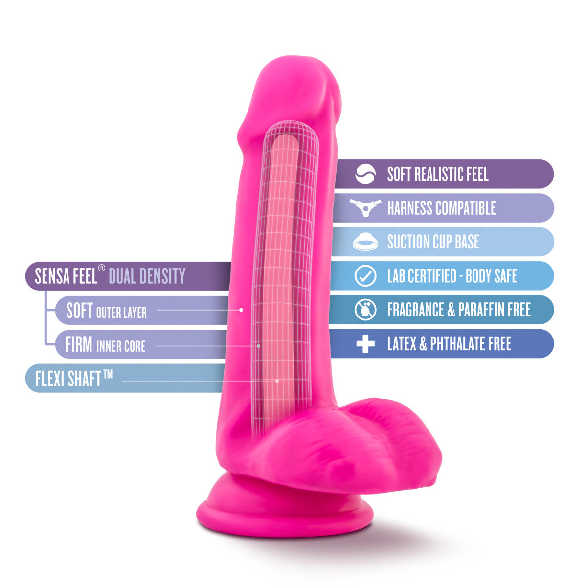 Pink realistic dildo with a rounded head, veins along a straight but flexible shaft, realistic balls, and a suction cup base. Additional images show alternate angles.