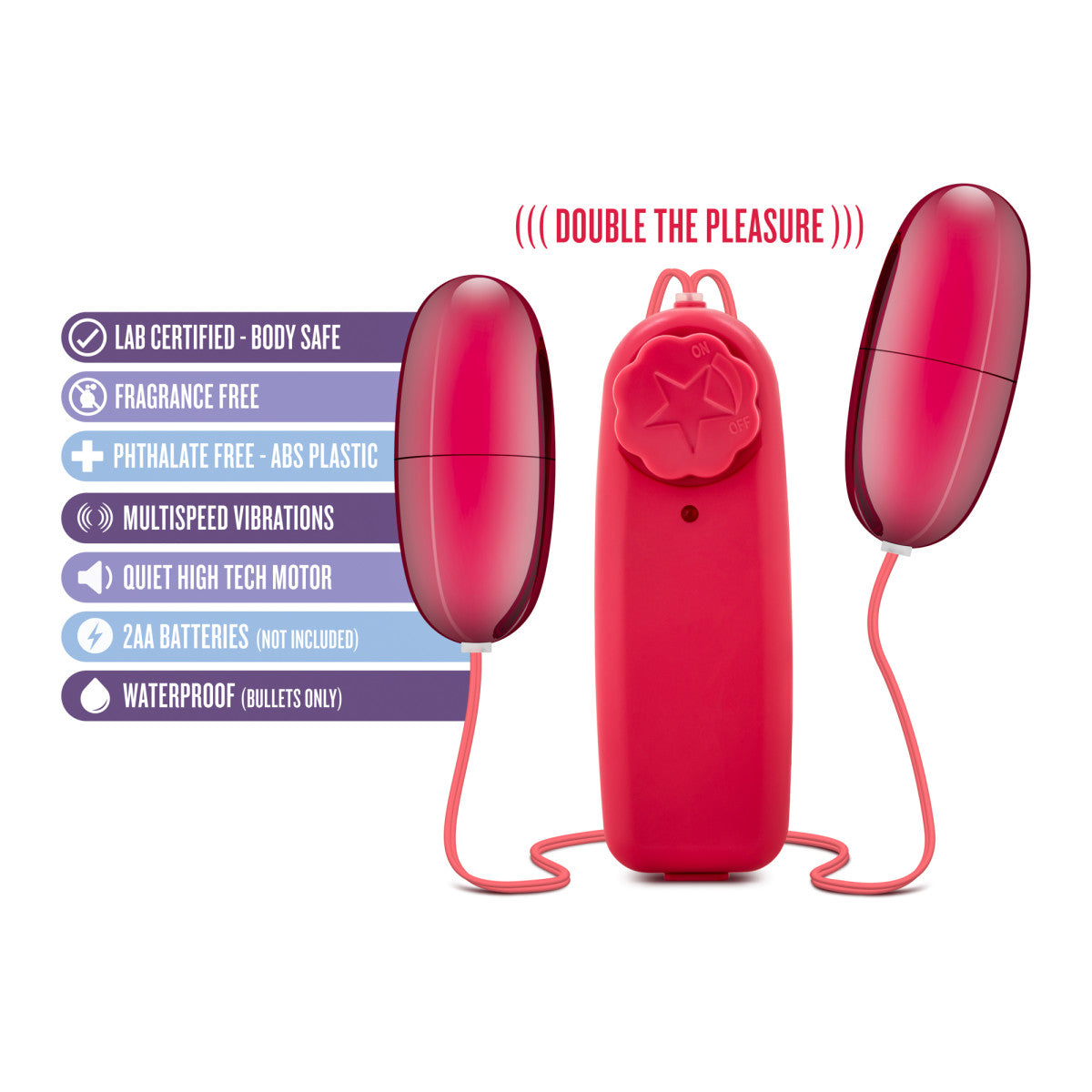 Two smooth red plastic egg shaped bullets connected to a red plastic controller by thin red cables. Twist dial on controller to control intensity for both bullets at once. Additional images show alternate angles.