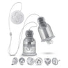 Two small clear plastic cylinders connected to a flat circular remote with a Y-shaped thin white wire. Cups can hold soft massager attachments for different sensations. Includes 3 pairs of clear soft disc shaped attachments whose textures include: soft studs, 3 short soft flaps & nubs, and a small soft tongue surrounded by soft studs. Additional images show alternate angles.