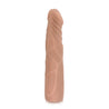 Mocha skin tone realistic dildo with a slim tapered realistic head for easy insertion and skin folds and veins along the straight shaft. Does not have a flared base.  Additional images show alternate angles.