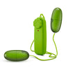 Two smooth lime green plastic egg shaped bullets connected to a lime green plastic controller by thin lime green cables. Twist dial on controller to control intensity for both bullets at once. Additional images show alternate angles.