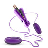 Two smooth purple plastic egg shaped bullets connected to a purple plastic controller by thin purple cables. Twist dial on controller to control intensity for both bullets at once. Additional images show alternate angles.