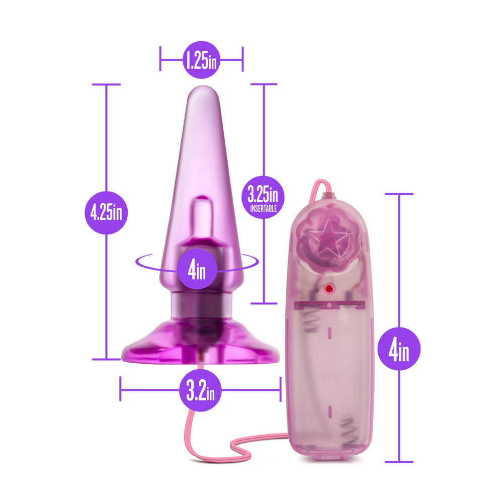 Pink translucent classic shaped butt plug with a tapered tip, slimmer neck and flared base. Features an opening at the bottom that fits the included wired egg shaped bullet. Twist dial on controller adjusts intensity. Additional images show alternate angles.