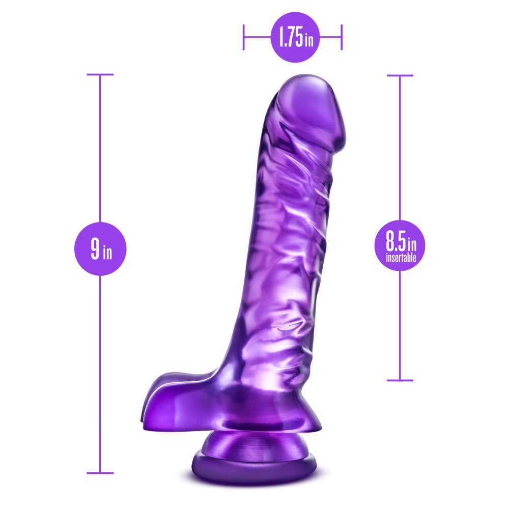 Translucent purple realistic dildo. Featuring a realistic head. Veins along the straight but flexible shaft. Realistic balls. Suction cup base. Additional images show alternate angles.