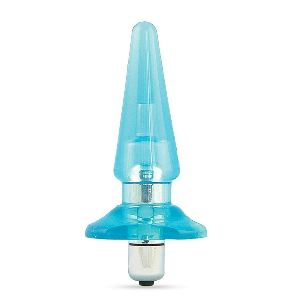 Blue translucent classic shaped butt plug with a tapered tip, slimmer neck and flared base. Features an opening at the bottom that fits the included small plastic removable bullet. Additional images show alternate angles.