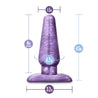 A classic shaped medium purple butt plug with a subtle swirl color pattern. This plug features a tapered tip, slim neck, and flared base. Additional images show alternate angles.