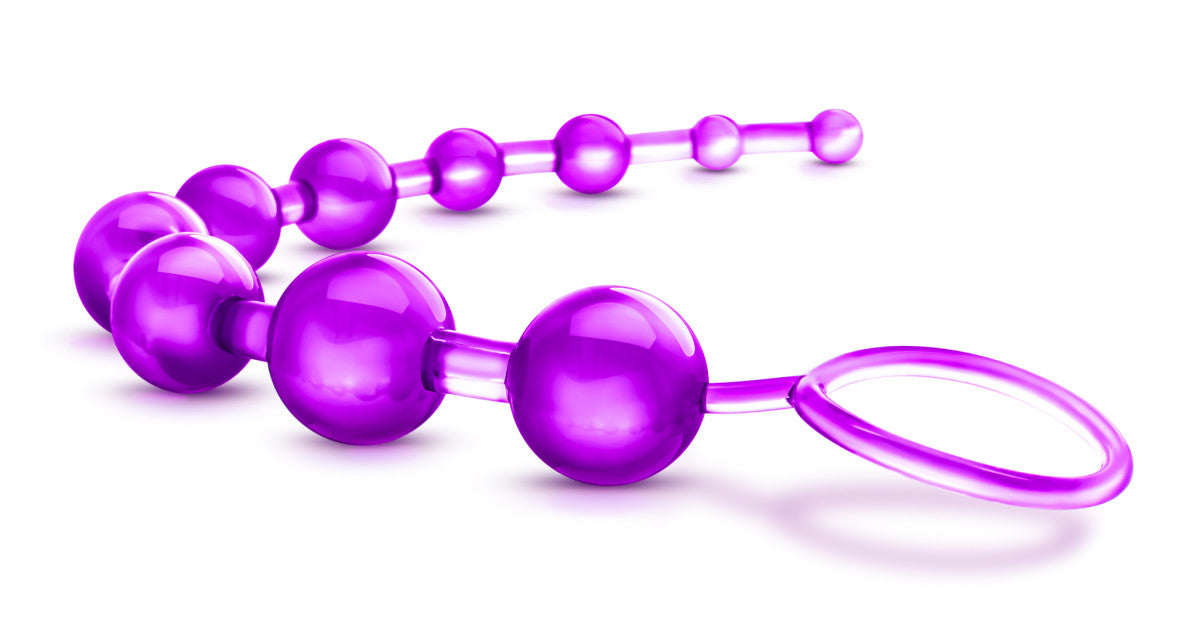 Purple anal beads with 10 progressively sized beads. Space between the beads is thin and flexible. Features a loop at the base for easy and safe removable. Additional images show alternate angles.