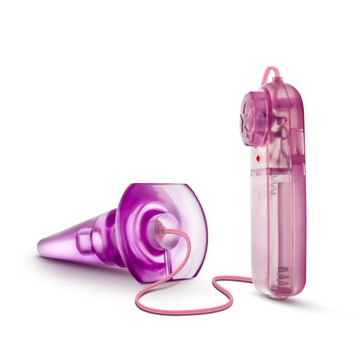 Pink translucent classic shaped butt plug with a tapered tip, slimmer neck and flared base. Features an opening at the bottom that fits the included wired egg shaped bullet. Twist dial on controller adjusts intensity. Additional images show alternate angles.