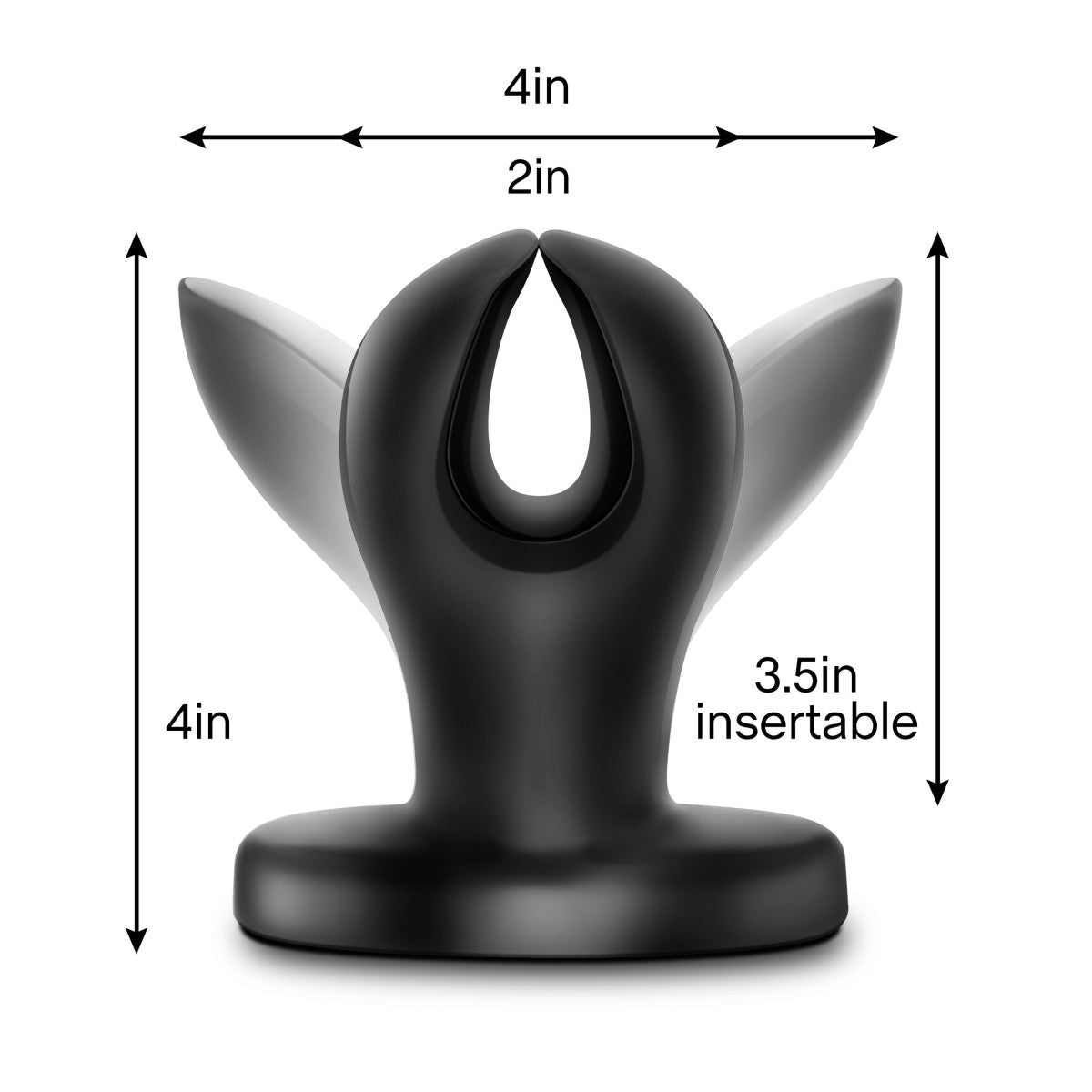 Black plug with flared base, narrow neck, and flexible expanded tip. When expanded, plug makes a Y shape with insertable area flaring out. Ends can be held together for insertion. Additional images show alternate angles and highlight features as listed in description and/or bullet points.