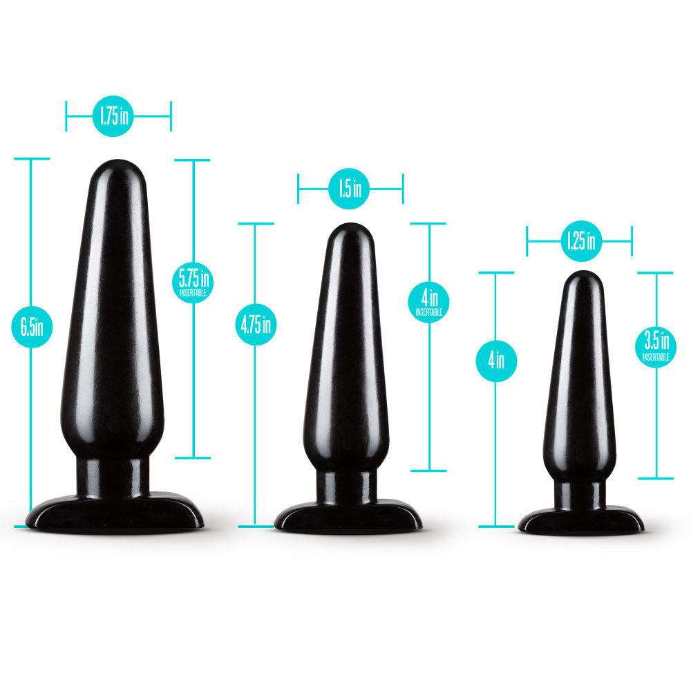 3 black plugs in different sizes with flared base and long tapered shape. Additional images show alternate angles and highlight features as listed in description and/or bullet points.