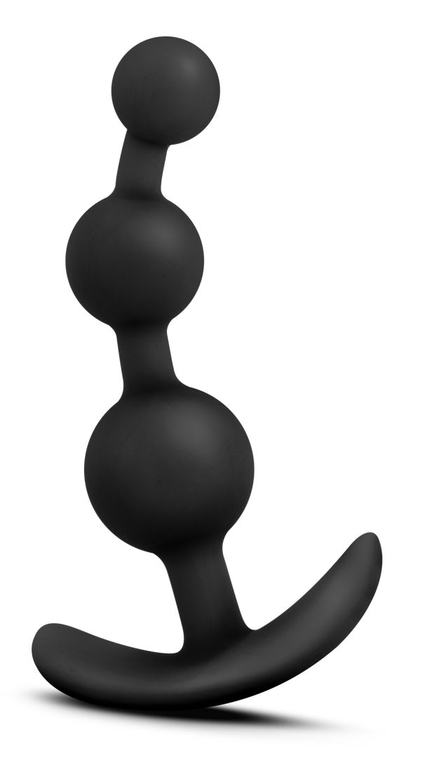 Black beaded flexible silicone butt plug with three progressively sized beads, starting with a small bead at the top, a medium bead in the middle, and a larger bead at the bottom. Features slim silicone necks between each bead and a slim flared base for safety and comfort. Additional images show alternate angles.