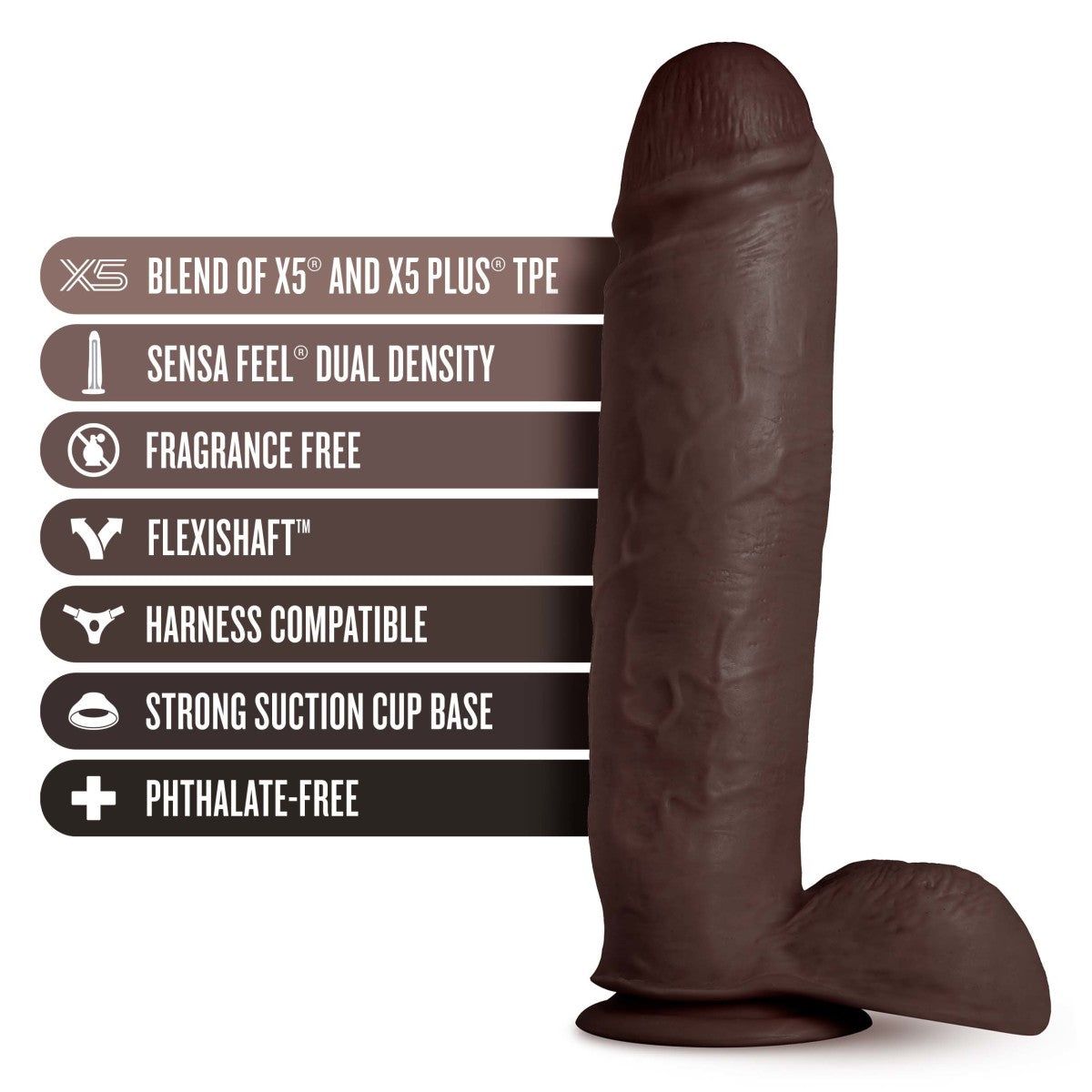 Au Naturel Huge Realistic Chocolate 10.5-Inch Long Dildo With Balls & Suction Cup Base