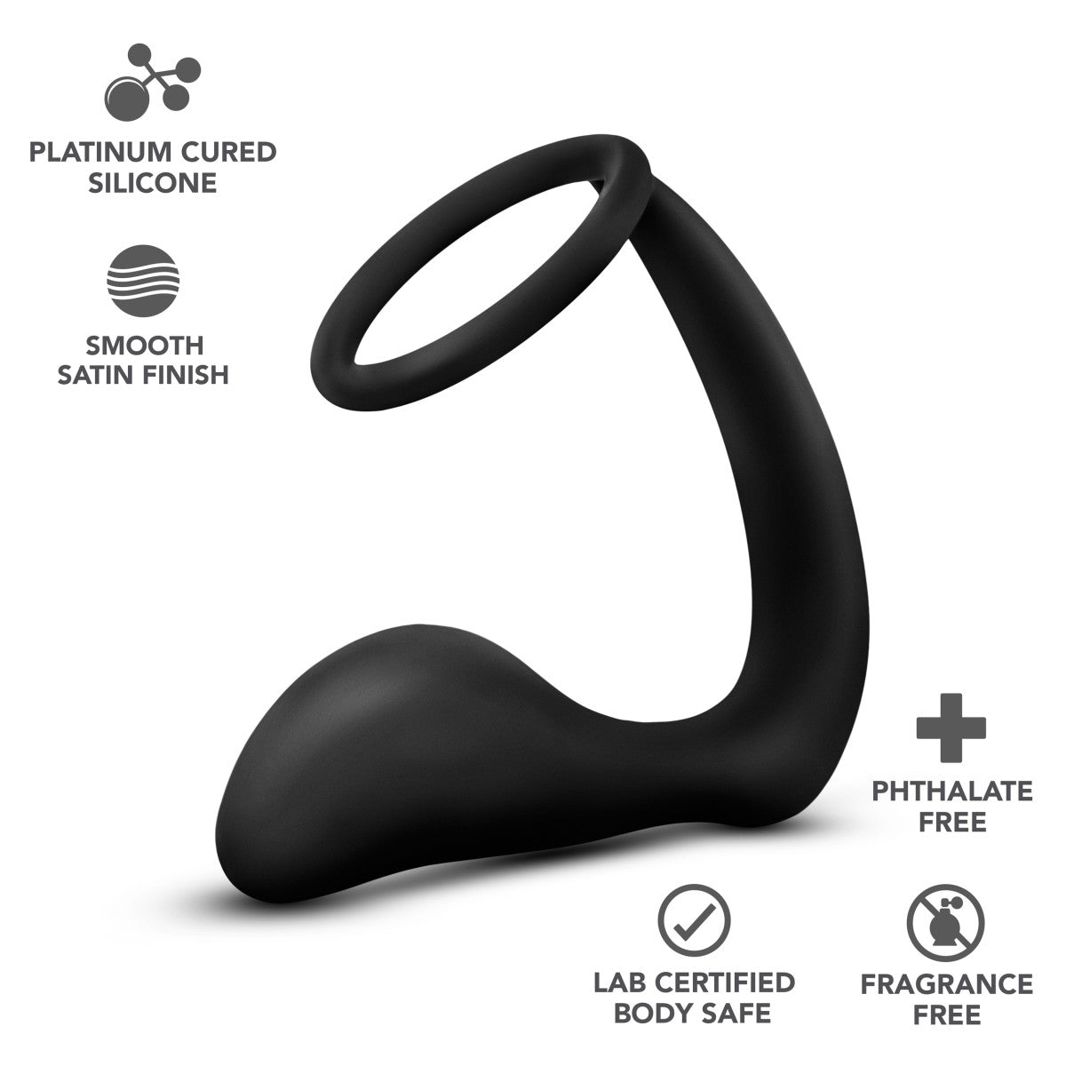 
Black cock ring and plug in one. Thin O ring is connected to a plug with a tapered bulbous tip for prostate stimulation. Additional images show alternate angles and highlight features as listed in description and/or bullet points. Screen reader support enabled.
