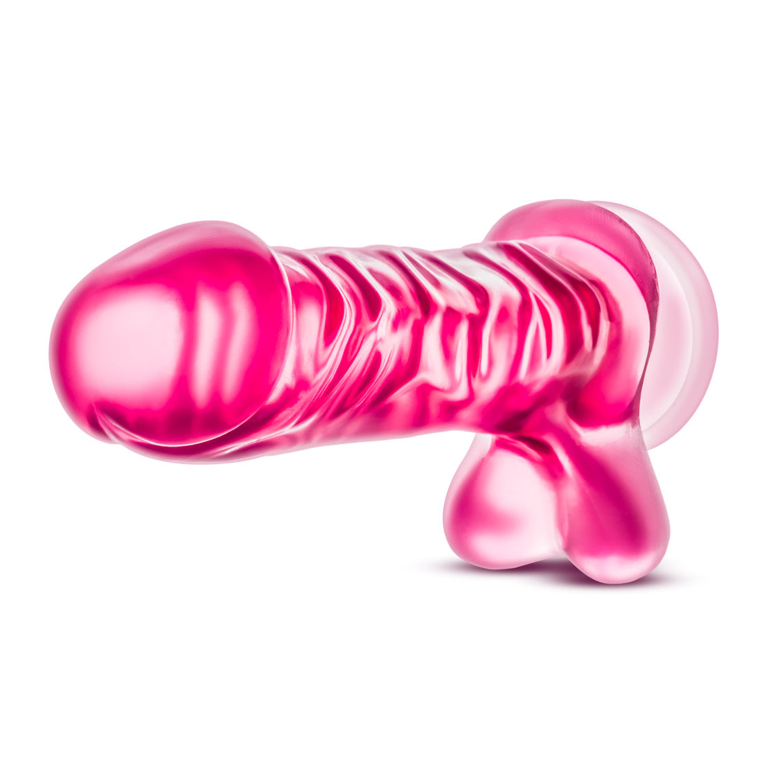 Translucent pink realistic dildo. Featuring a realistic head. Veins along the straight but flexible shaft. Realistic balls. Suction cup base. Additional images show alternate angles.