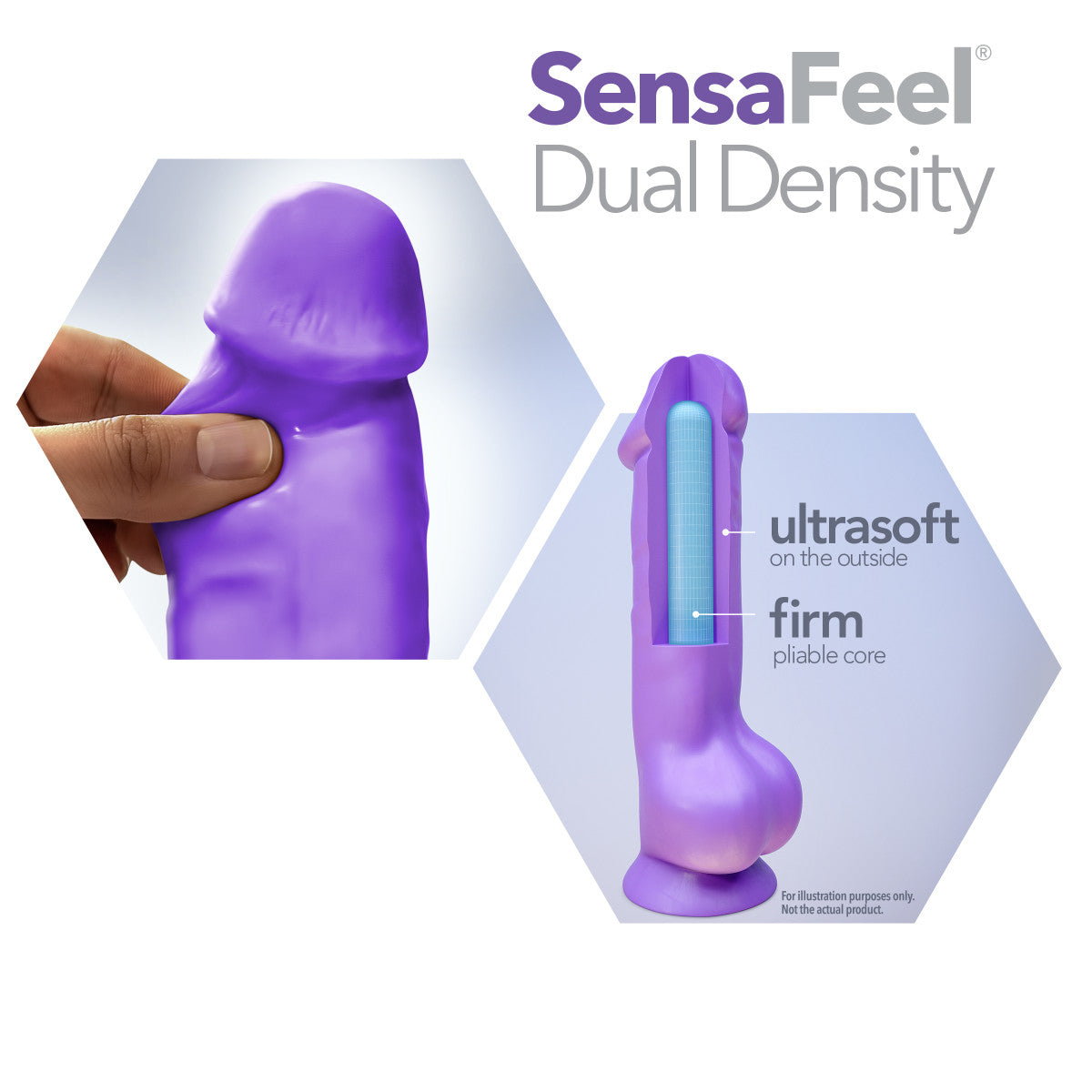 Purple realistic dildo with a small rounded head, veins along a straight but flexible shaft, realistic balls, and a suction cup base. Additional images show alternate angles.