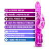 Slightly textured shaft with a semi-phallic head and rotating beads and a rabbit shaped clit stimulator. Independently adjust intensity of rotation or external vibration with two slide controls. Additional images show alternate angles.