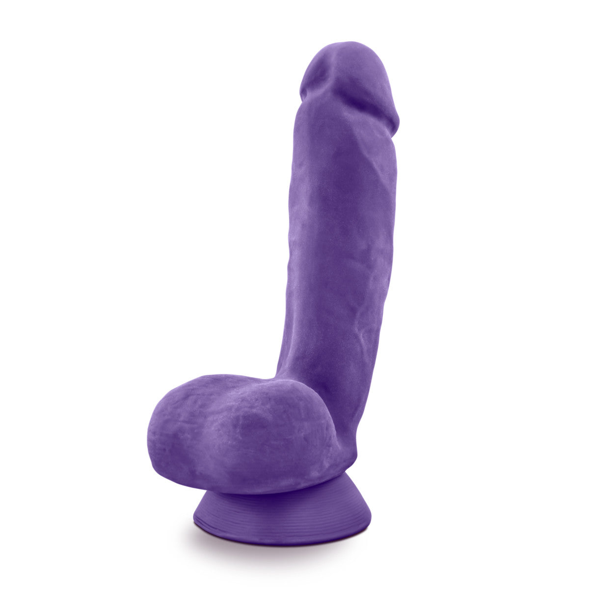 Purple realistic dildo featuring a rounded head, veins along a slightly downwardly curved shaft, and realistic balls. Suction cup base. Additional images show alternate angles.