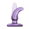 A classic shaped small purple butt plug with a subtle swirl color pattern. This plug features a tapered tip, slim neck, and flared base. Additional images show alternate angles.