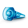 Blue classic shaped anal plug with a tapered tip, slim neck, and flared base. Features an opening at the base that accommodates a vibrating bullet. Bullet not included. Additional images show alternate angles.
