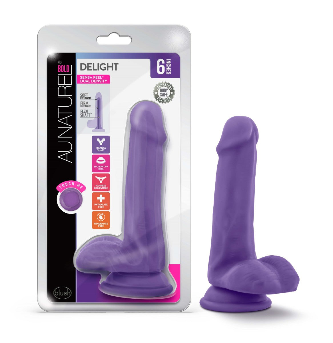 Au Naturel Bold Delight Realistic Purple 6.5-Inch Long Dildo With Balls & Suction Cup Base