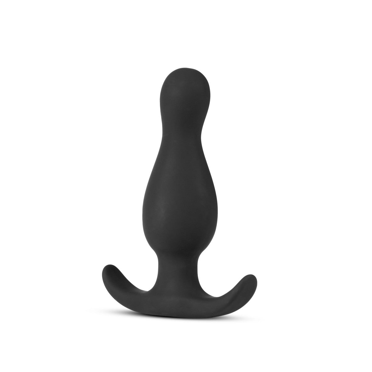 Black plug with flared anchor base and narrow neck. Plug features a slightly curved tip with a small bulbous area expanding into a larger long bulbous area near the base. Additional images show alternate angles and highlight features as listed in description and/or bullet points.