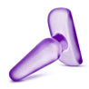 A small purple classic shaped butt plug with a tapered tip, thin neck, and flared base. Additional images show alternate angles.